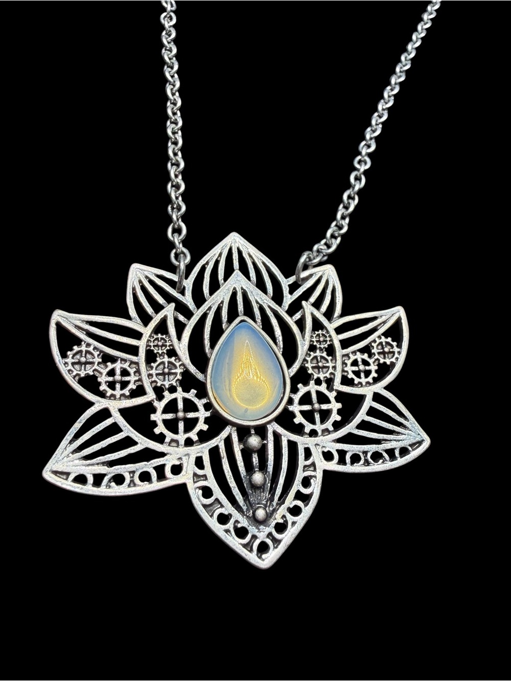 Opalescent Teardrop Lotus Pendant Necklace in Silver